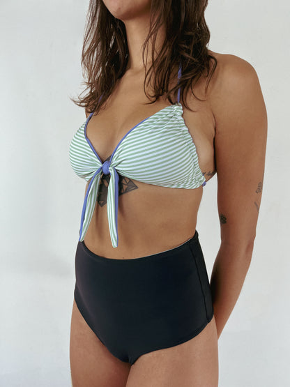 Custom reversible swim top in the lola style in periwinkle and green stripe