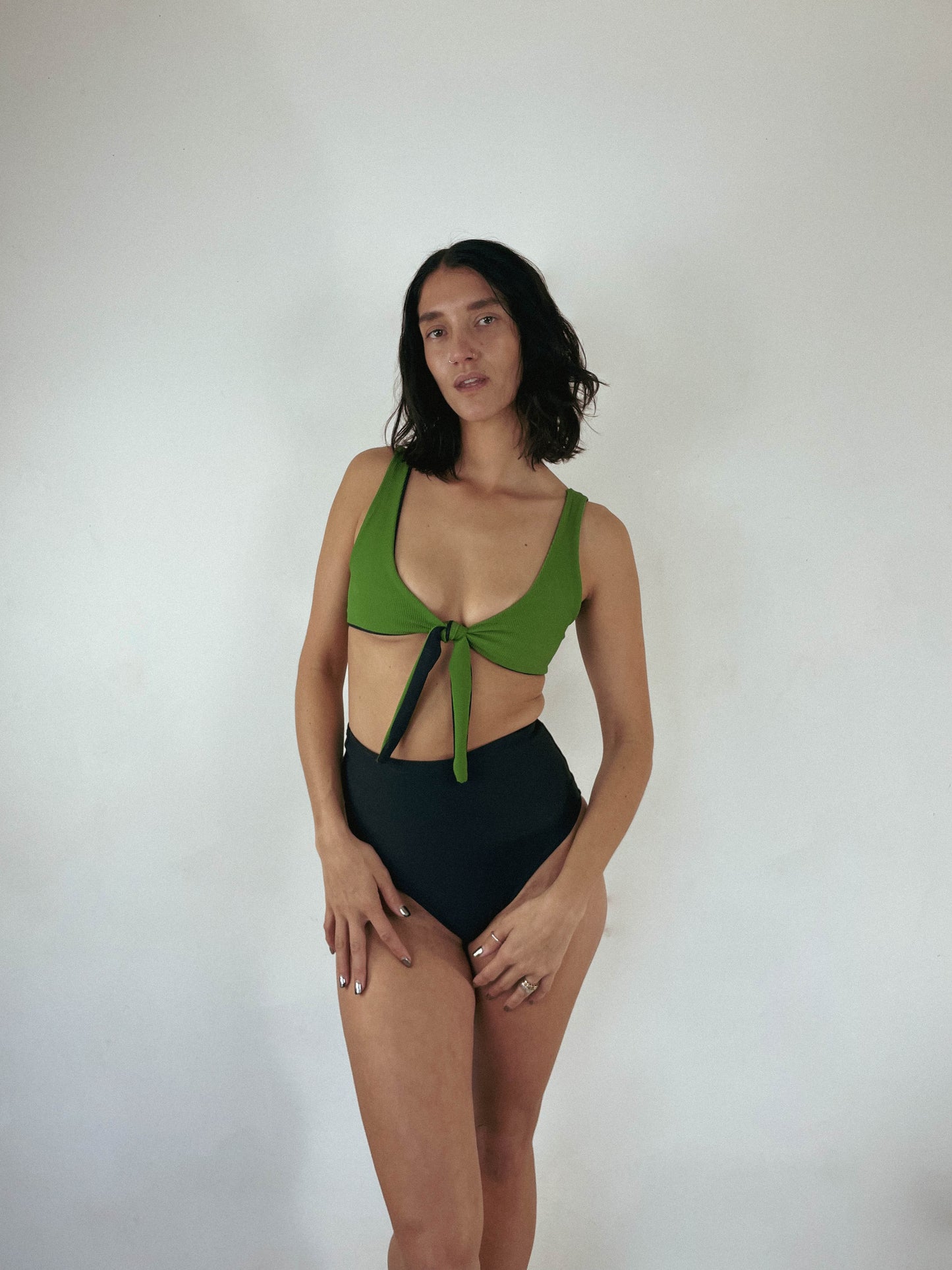 reversible custom tie in front swimwear top in ribbed green