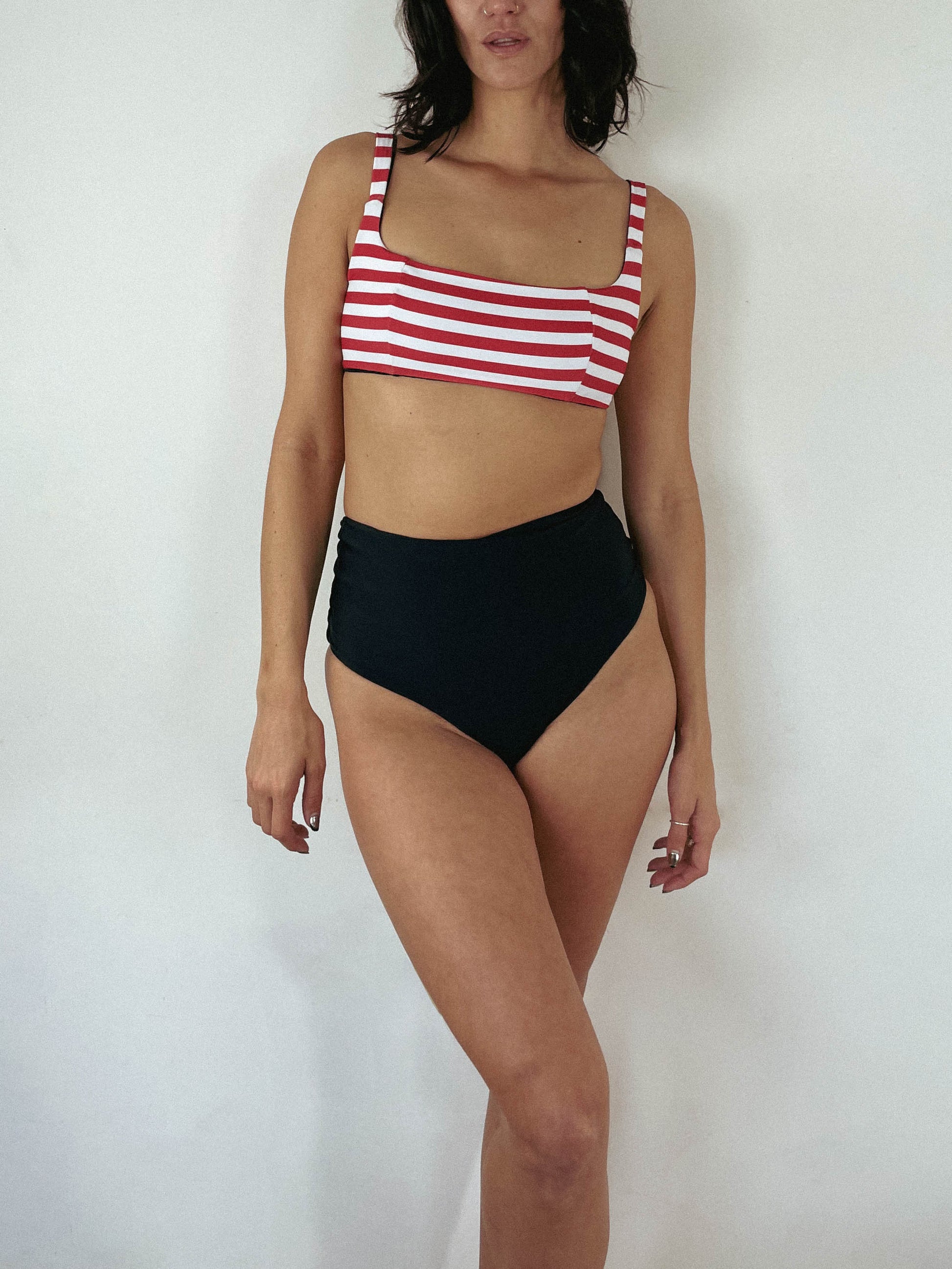 Evelyn Swimwear top view from front in white and red stripe