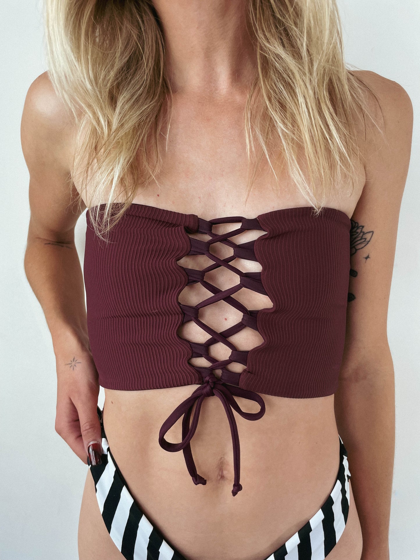 custom reversible swimwear tube top lace up in plum ribbed