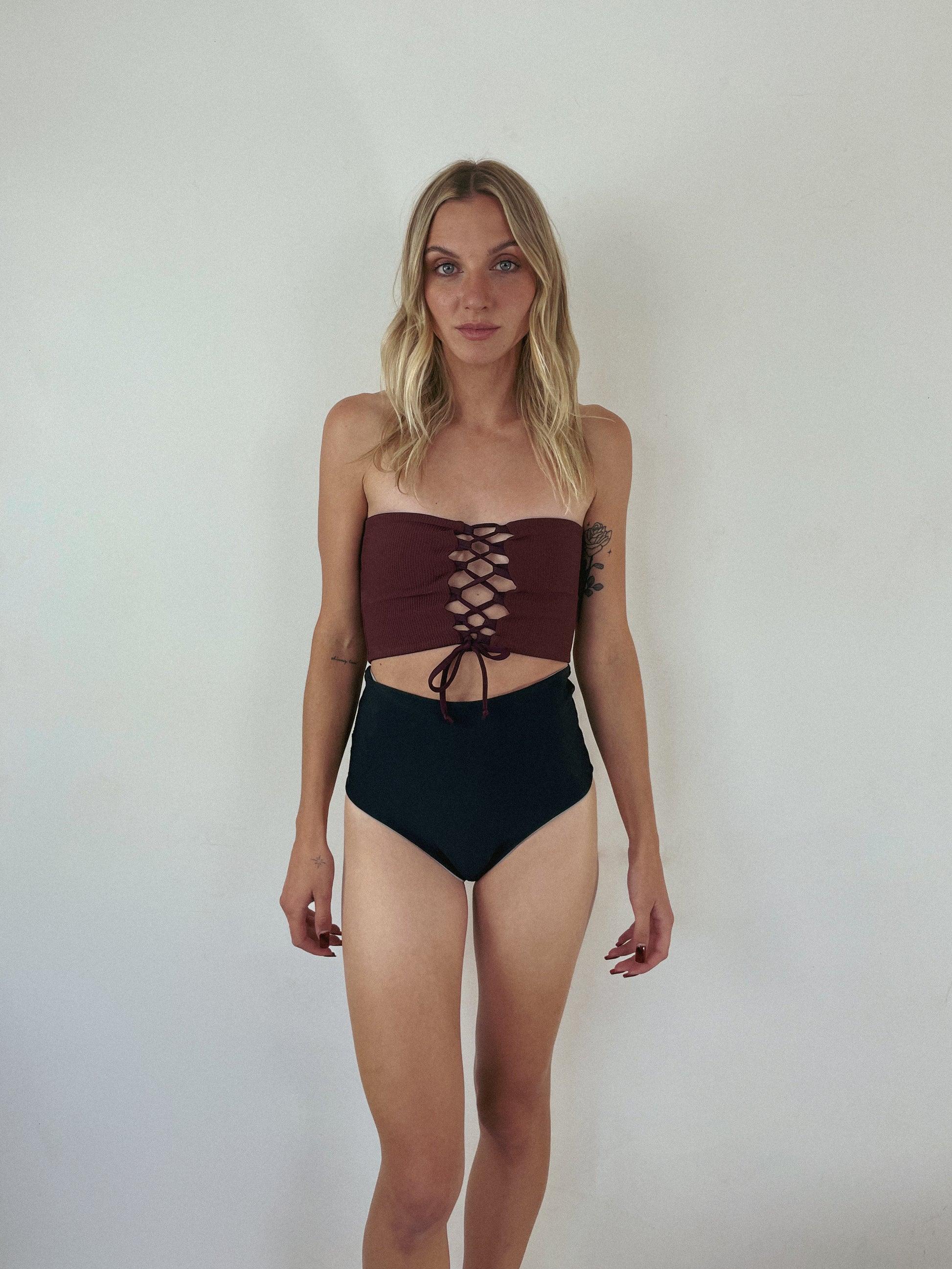 custom reversible swimwear tube top lace up in plum ribbed