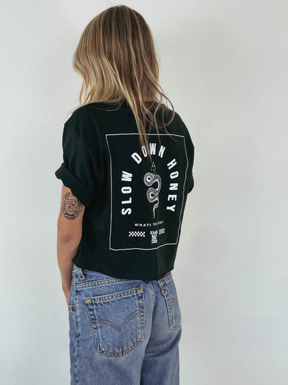 back of Slow Down Honey graphic tee with snake