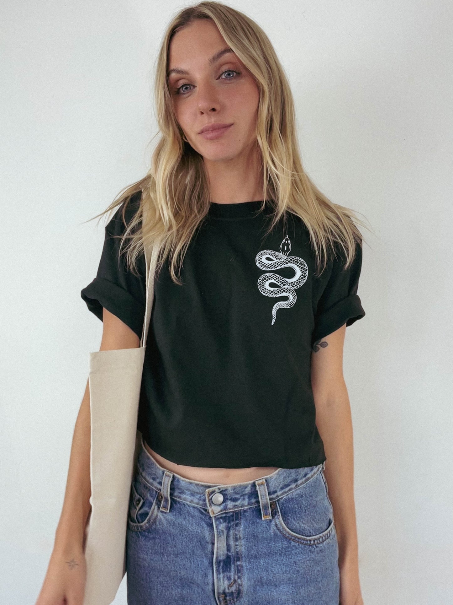 front of Slow Down Honey graphic tee with snake